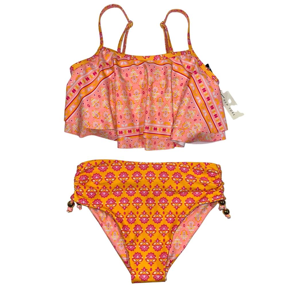 NWT Nicole Miller Girls Pink Orange Paisley 2-Piece Bikini Swim Set Size XL 14